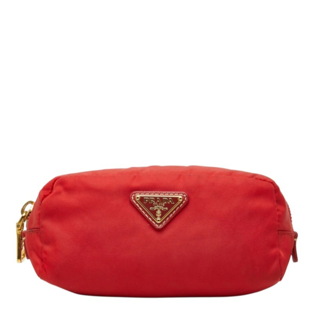 Prada Triangle Logo Plate Handbag Pouch Red Nylon Leather Women's PRADA